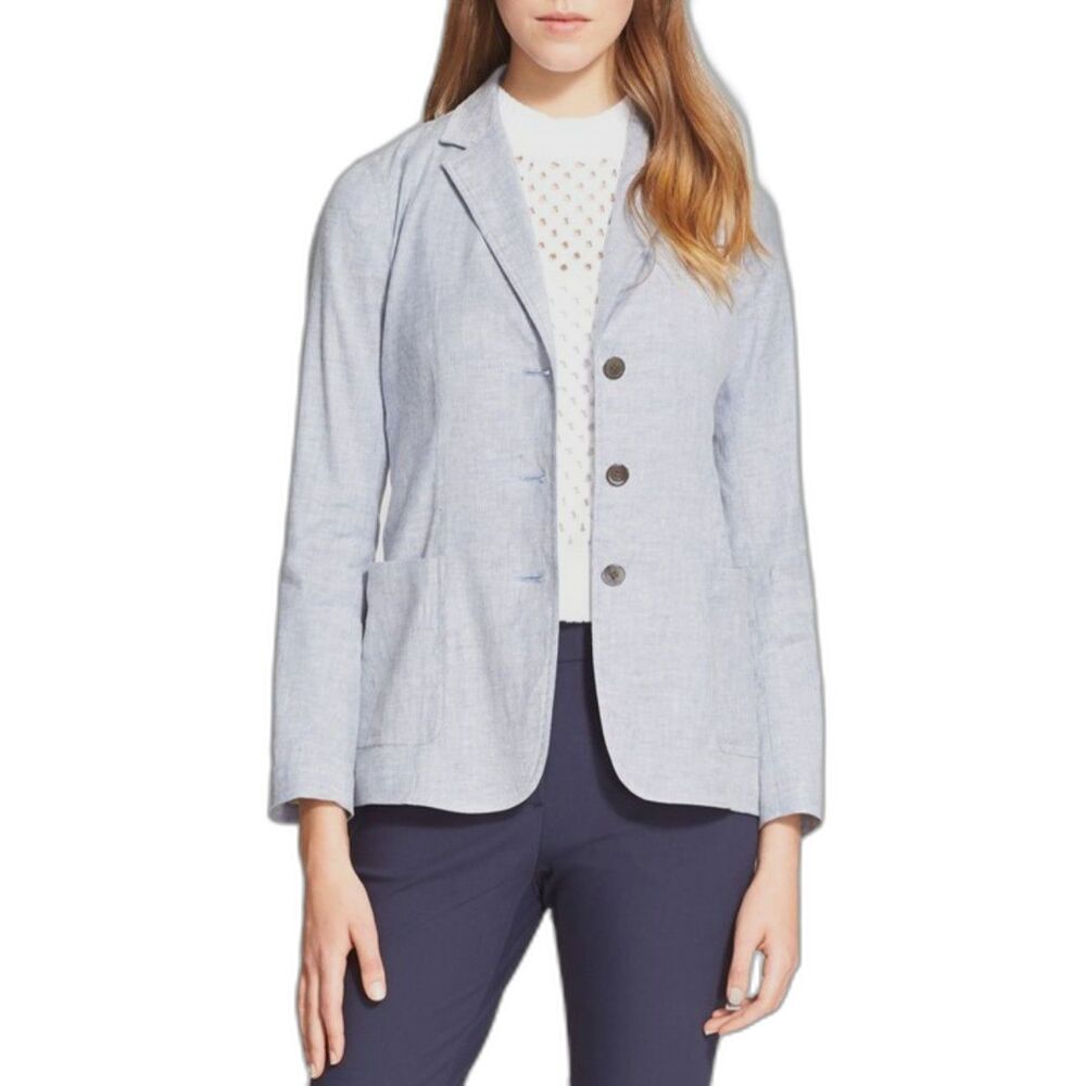 THEORY "Minou T" Linen Blend Baby Blue Three Button Blazer with Pockets, Size 0
